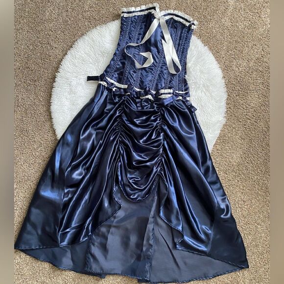 Vintage Goth Corset Dress Blue White Womens Size Medium Festival Cosplay  Sexy
